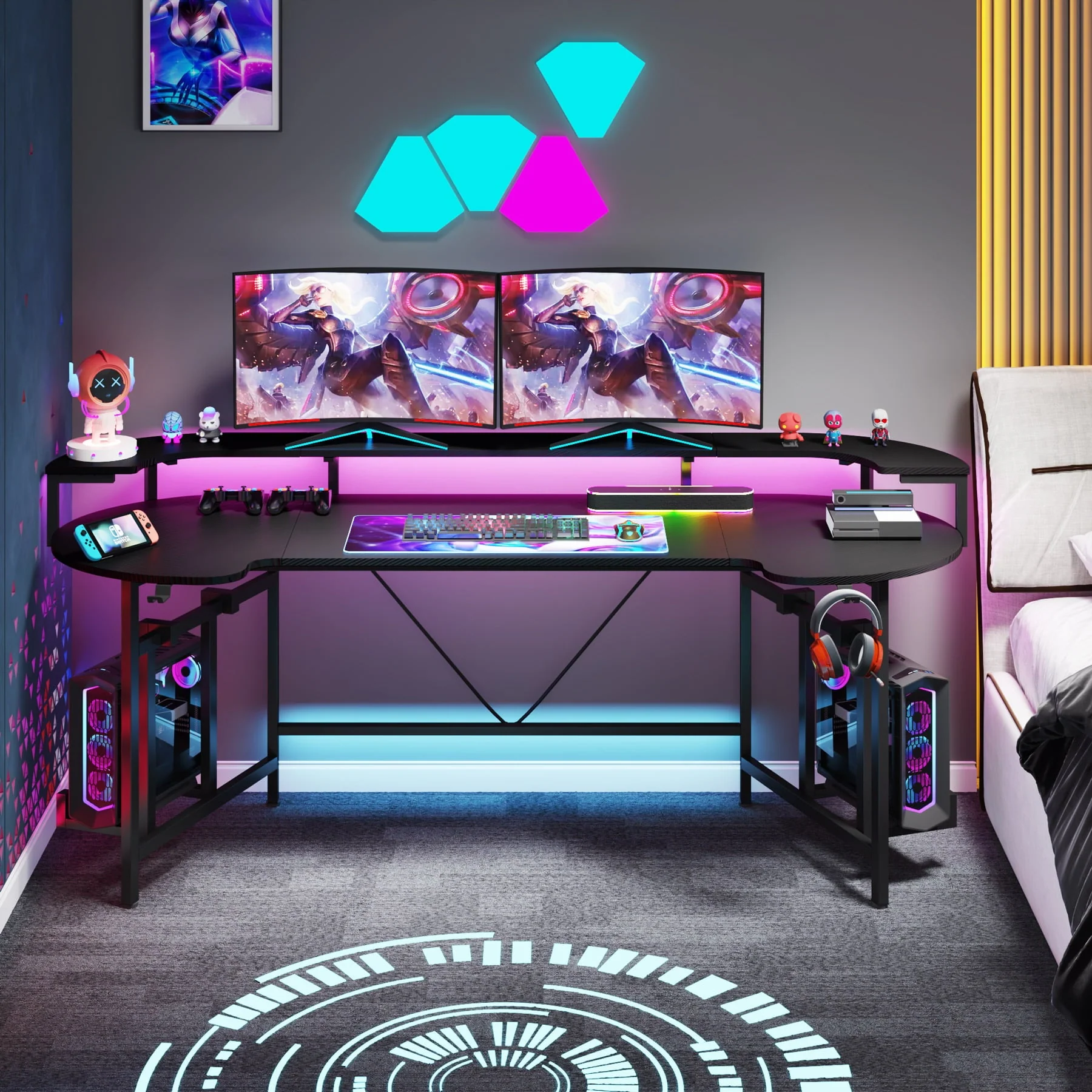 Tribesigns Gaming Desk with Monitor Shelf, 75 inch PC Computer Desk with LED Strip, Carbon Fiber Surface Gaming Table Gamer Workstation for Bedroom, Home Office, Black