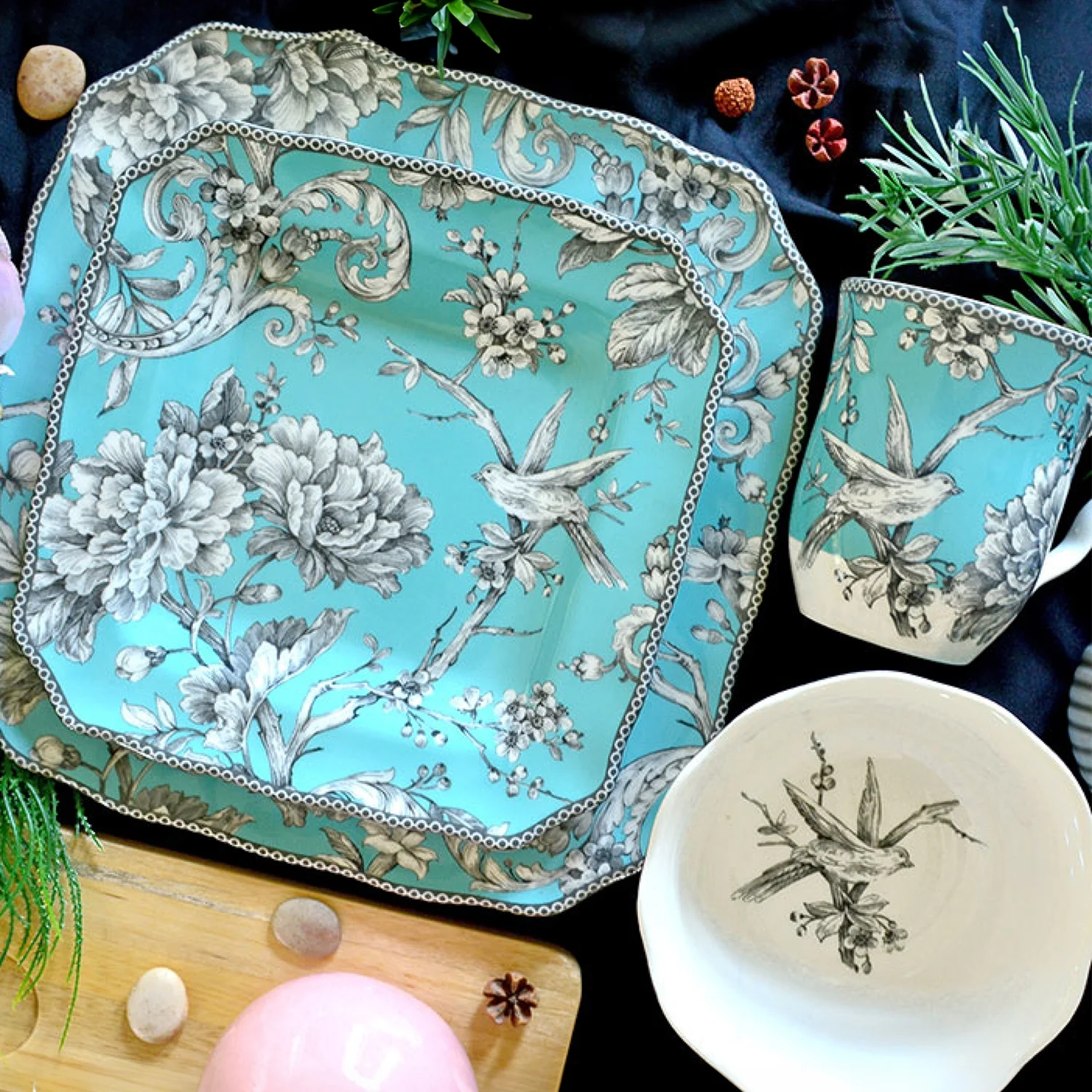 222 Fifth Adelaide Round 16-Piece Porcelain Dinnerware Set, Black Toile