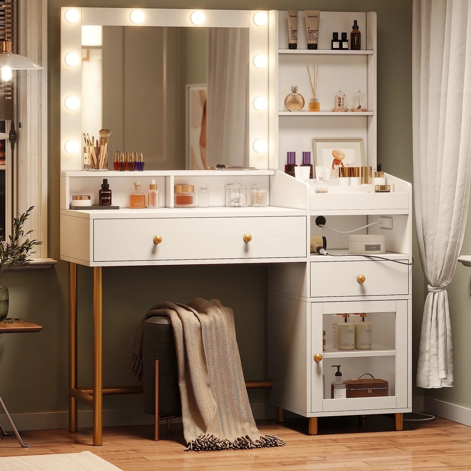 AOGLLATI Makeup Vanity Desk with Mirror & Lights in 3 Colors White Dressing Table with Charging Station & Unique Separation Design