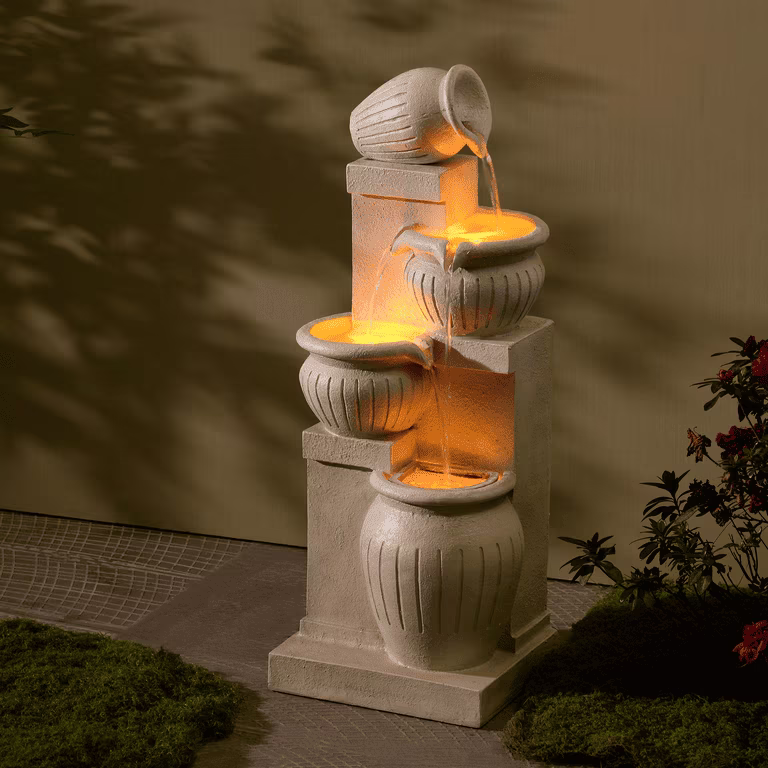 Teamson Home Outdoor Water Fountain with Lights�C 4-Tier Cascading Bowl Design with LED Light & Solar Pump, Solar-Powered Water Fountain Outdoor Garden, Yard, or Patio D��cor, Navy Blue