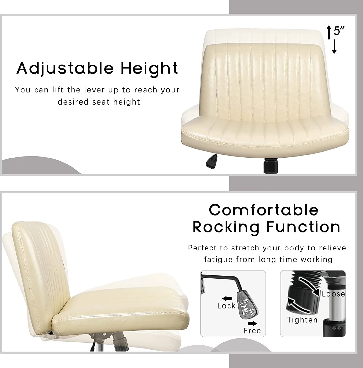 Waleaf Armless Desk Chair No Wheels with Ottoman&Lumbar Support,PU Leather Padded Modern Swivel, Height Adjustable Wide Seat Cross Legged Computer Task Chair for Living Room, Beige