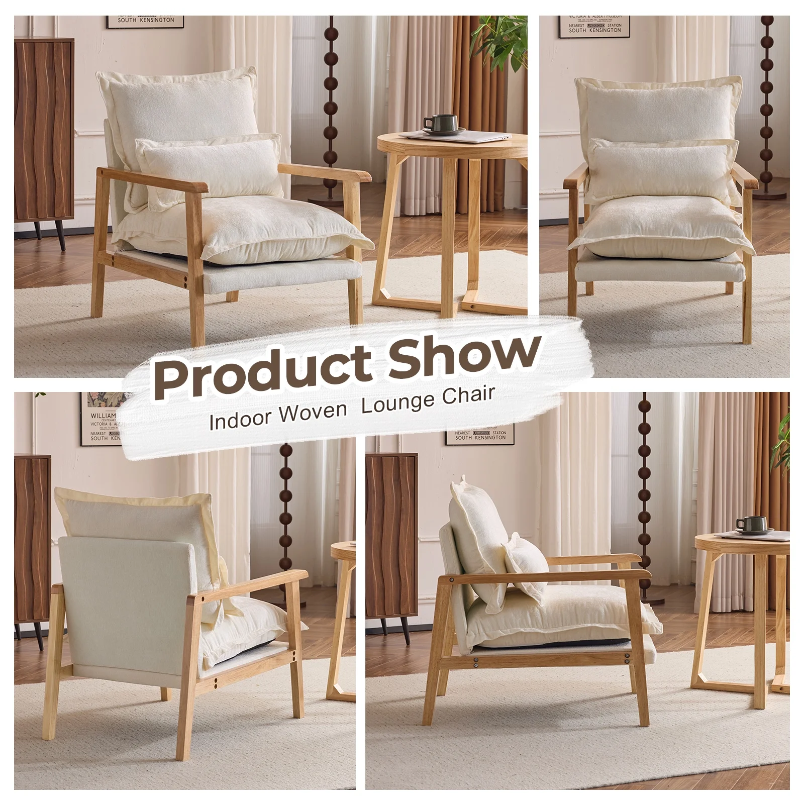 Ktaxon Chenille Accent Chair, Solid Wood Armrests Armchair, Metal Frame for Stability, Single Sofa with Comfortable Cushions and Lumbar Pillow Beige