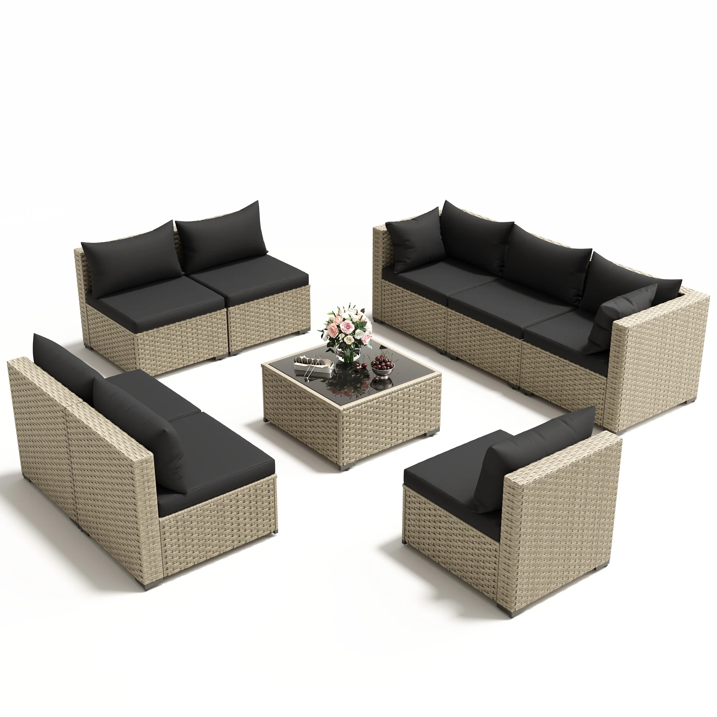 POTEBAN 7 Pieces Outdoor Patio Furniture Set, Grey Rattan Wicker Outdoor Conversation Sectional Sofa Set with Cushions for Backyard, Green