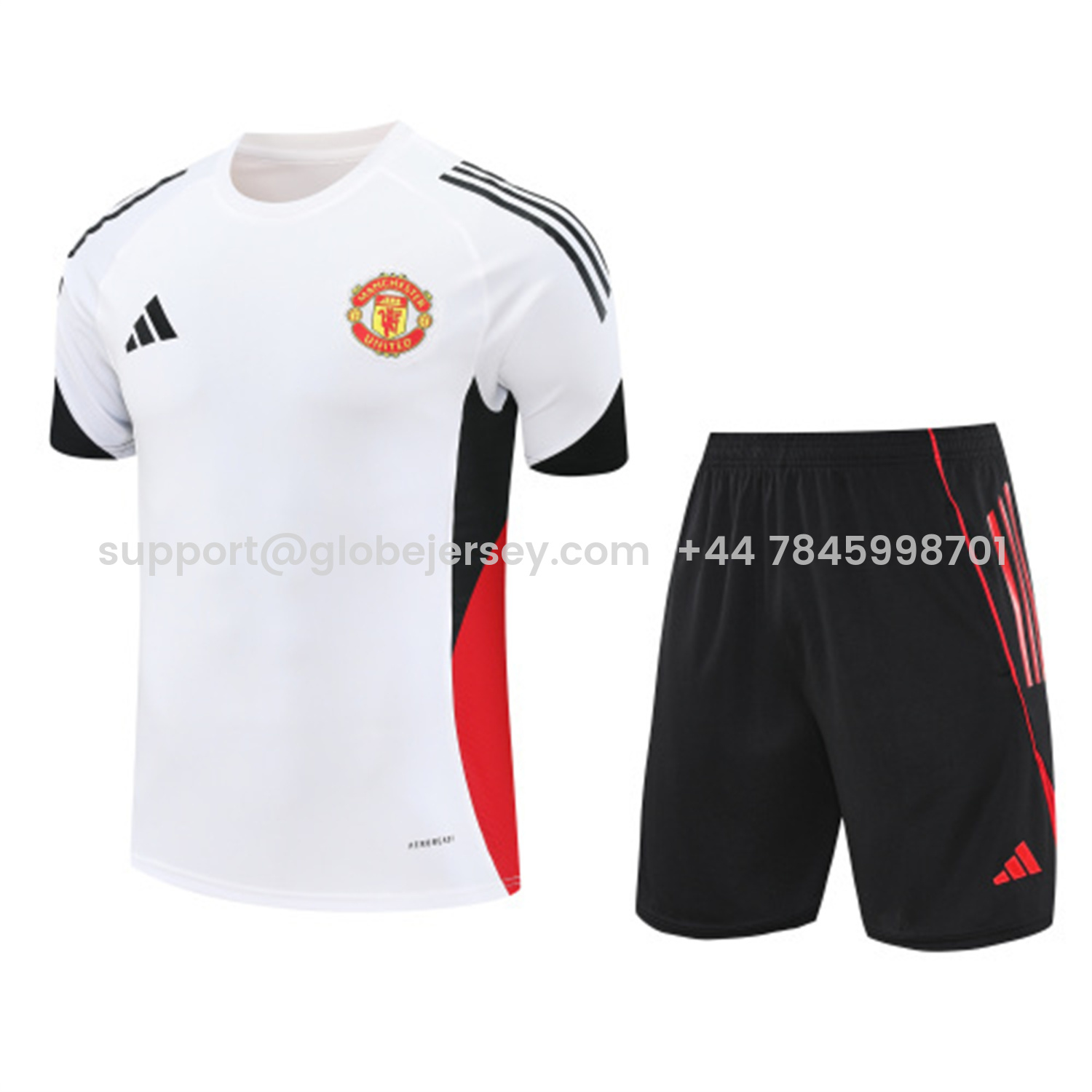 Manchester United 25-26 Short-Sleeve Training Set - Red Black Blocks White Top & Black Shorts