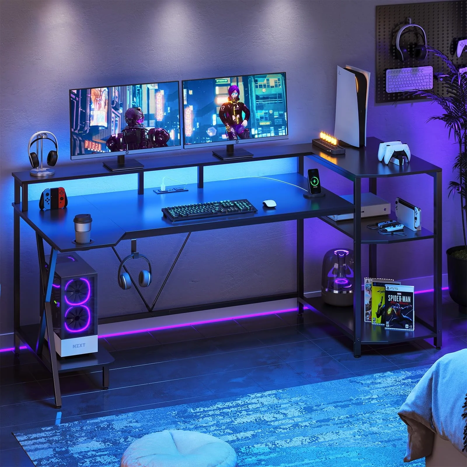 SEDETA Gaming Desk 70.8'' with LED Lights and Storage Shelves, Computer Desk with Monitor Stand, Power Outlets and Cup Holder, Large PC Gamer Desk, Gaming Table for Bedroom, Living Room, Black