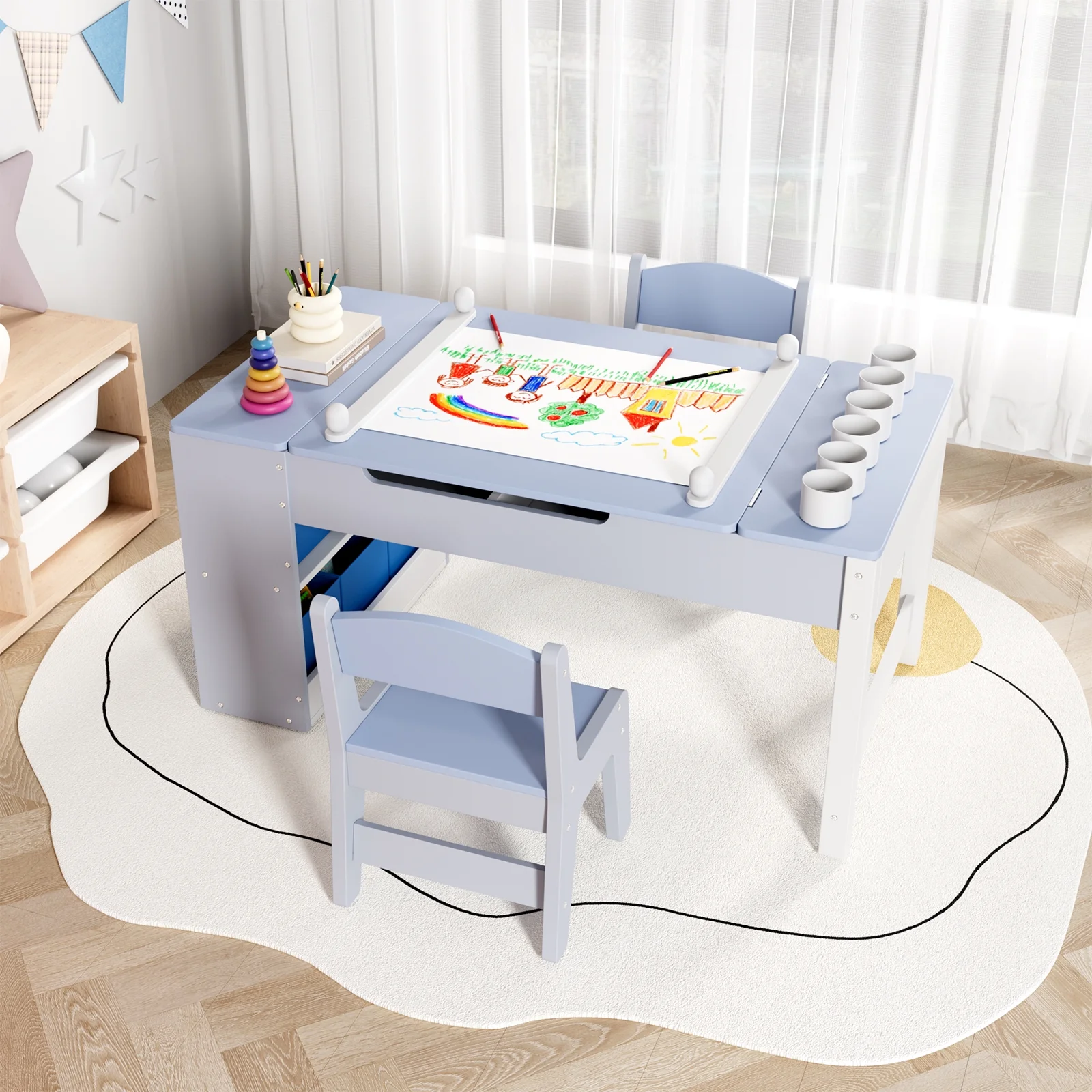LAZY BUDDY Kids Art Table and 2 Chairs Set, 2 in 1 Easel & Toddler Craft Table and Chairs Set with Storage Bins, Paint Cups and Paper Roll, Activity Table Set for Children 3+