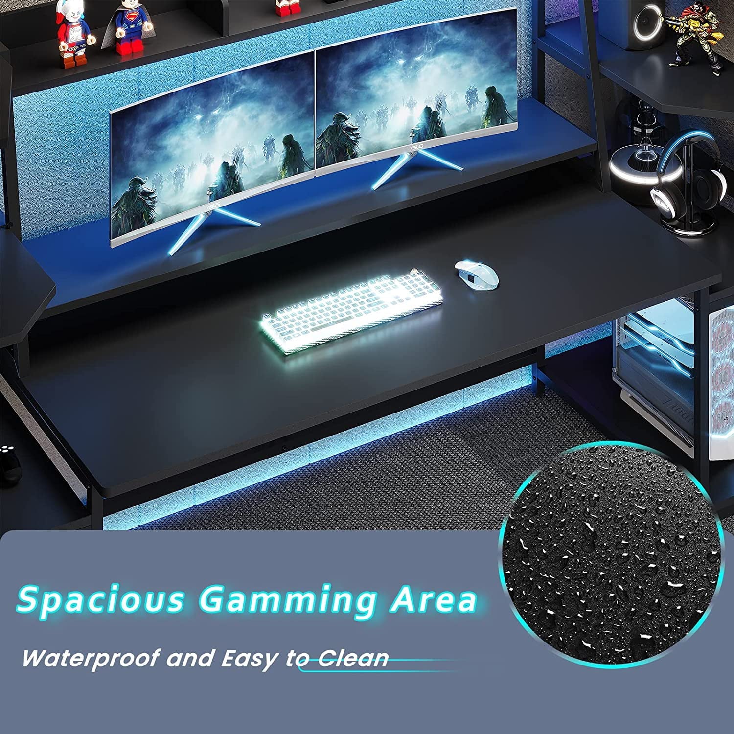 SEDETA 78.8'' Gaming Desk with Hutch and Storage Shelves,LED Lights Computer Desk Gamer Desk, Black