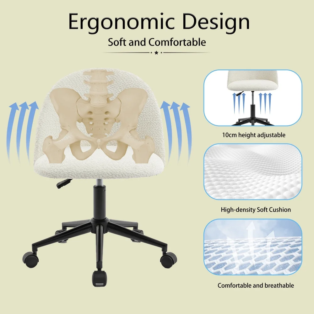 Modern Upholstered Desk Chair with Wheels, Mid-Back Adjustable Swivel Computer Chair with Black Legs, White