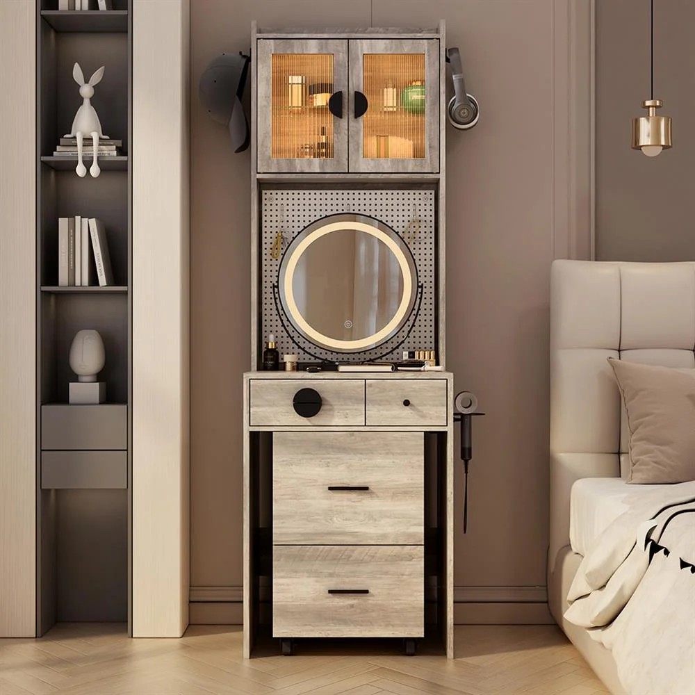 EDOEMSE Table & Chair Vanity Set, Vanity Set,Small Vanity Desk with Mirror and LED Lights, Makeup Table with Charging Station and drawers,Gray