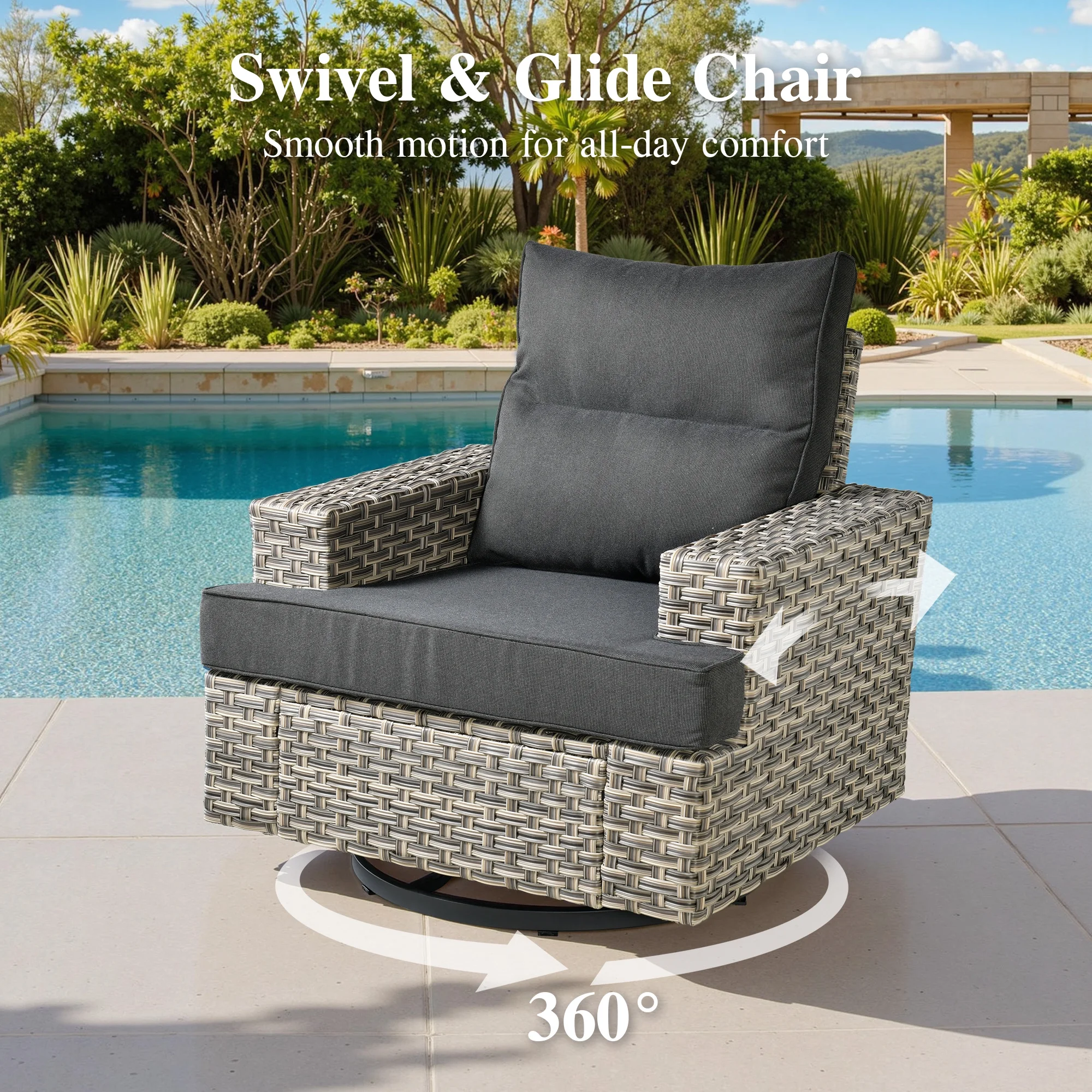 Ovios 10 Pieces Outdoor Patio Furniture Modern High-Back All-Weather Wicker Sectional Conversation Set with Propane Fire Pit Table & Swivel Chair, Dark Gray