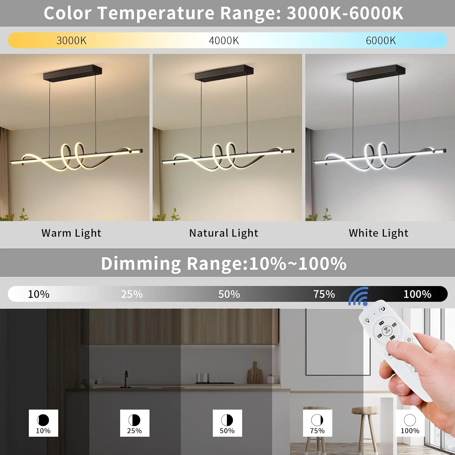 Modern Led Chandelier Dimmable Desk Linear Pendant Light with Remote Control Dimmable 3 Color Mode & Brightness Ceiling Lamp Dining Light Fixture for Kitchen Dining Room 39inch Black