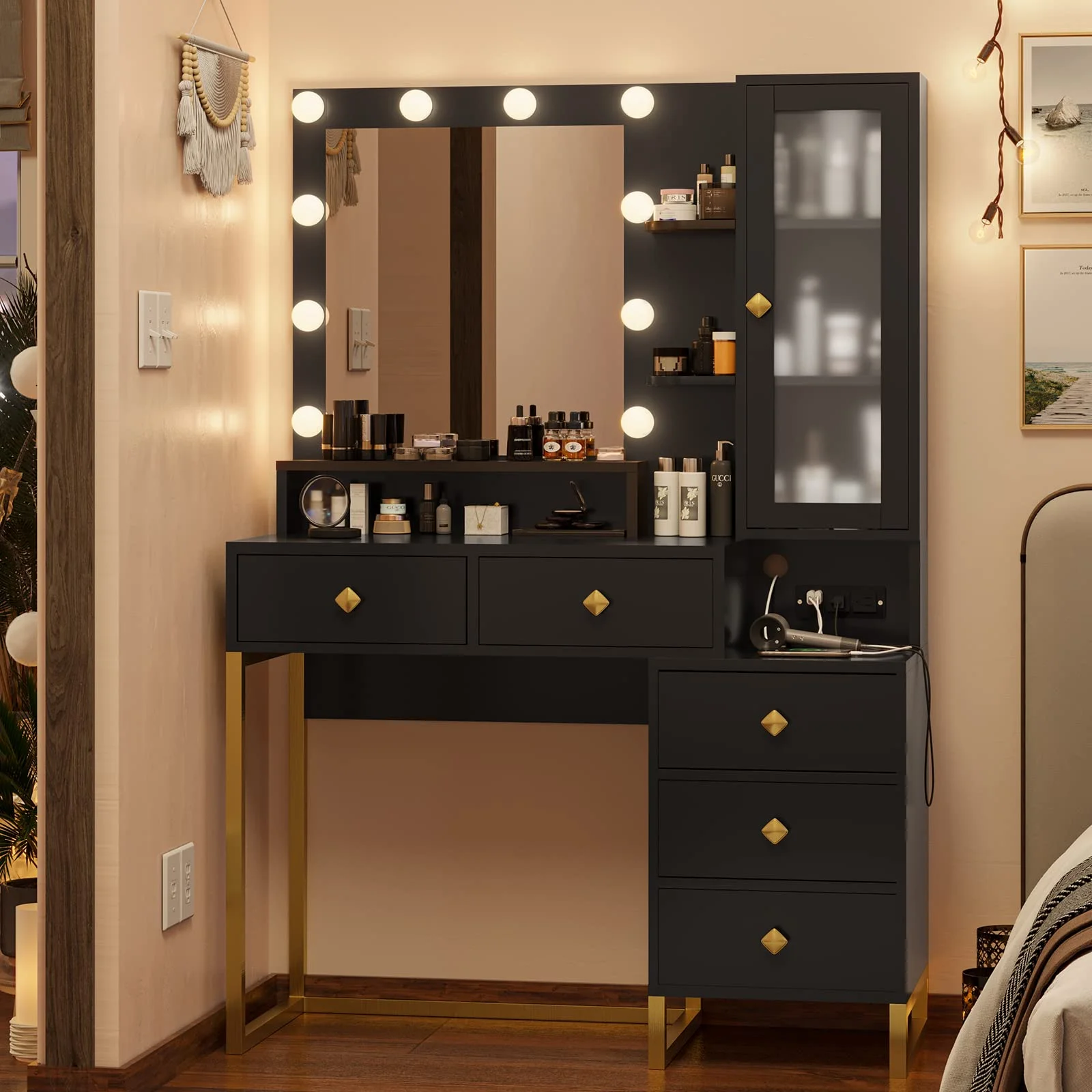 Vanity Desk with LED Lighted Mirror, Makeup Desk with 5 Storage Drawers & 6 Shelves, Vanity Table with Charging Station, Modern Dressing Table with 3 Color Lighting Options, White