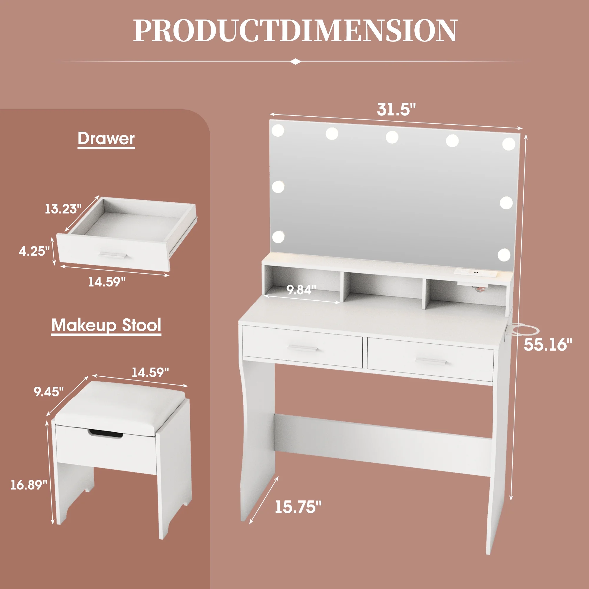 Modern Vanity Table Set with Lighted Mirror,Makeup Table with 2 Drawers & Power Strip,Dresser Desk for Girls, Women, White