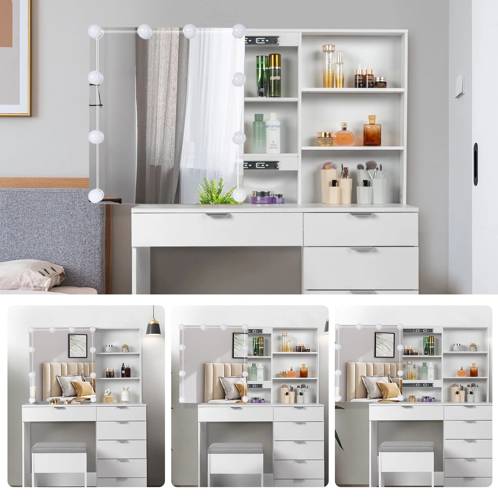 Ktaxon Vanity Set with 3 Color Lighted Mirror, Makeup Table with 6 Drawers, Dressing Table Makeup Desk with Stool,White