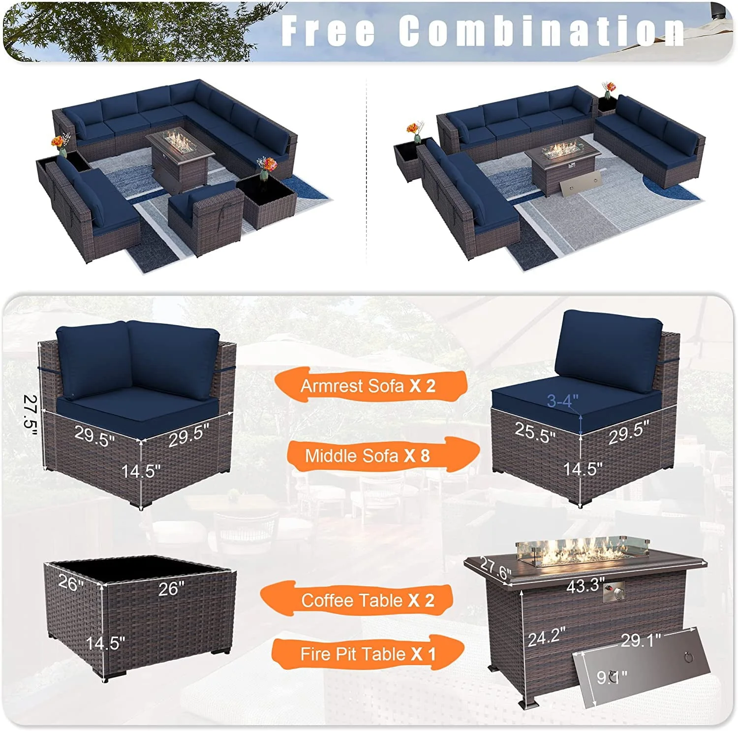 Kullavik Outdoor Patio Furniture Set with Gas Fire Pit Table, 13 Pieces Outdoor Furniture Set Patio Sectional Sofa w/43in Propane Fire Pit, PE Wicker Rattan Patio Conversation Sets,Navy Blue