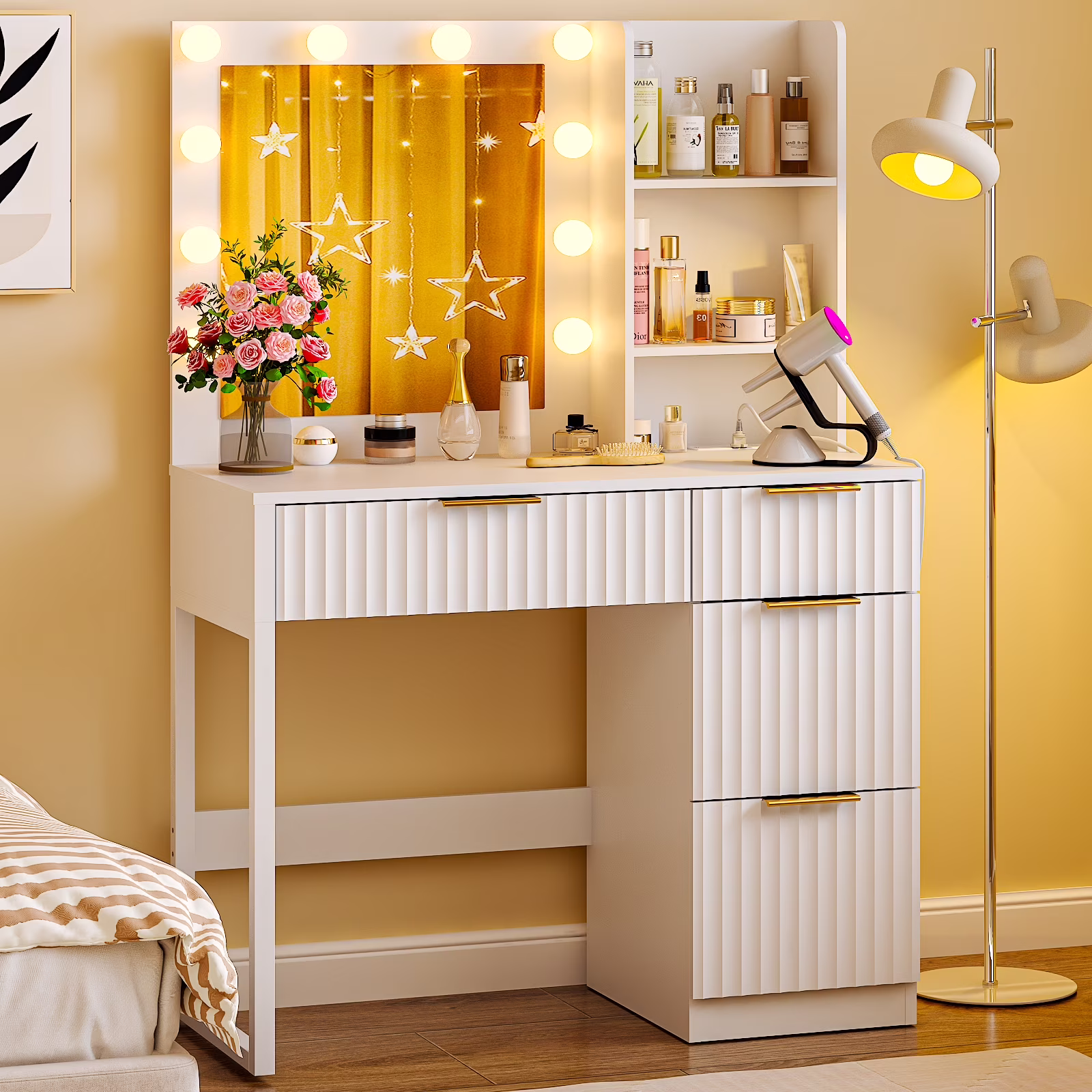 Ktaxon Vanity Set with 3 Color Lighted Mirror, Makeup Table with 3 Storage Shelves & Drawers, Dressing Table Makeup Desk with Stool,White