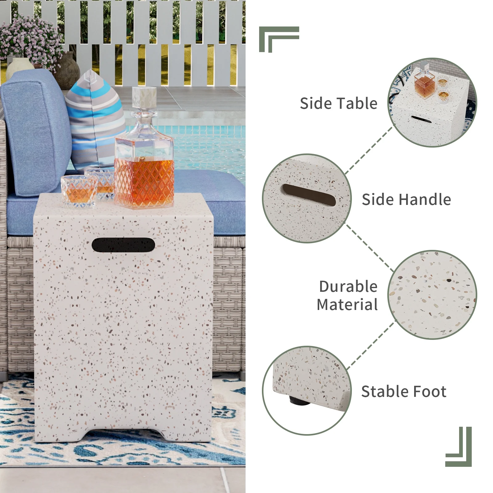 COSIEST 2-Piece Outdoor Rectangle Terrazzo White Propane Fire Table Set with Tank Cover Table