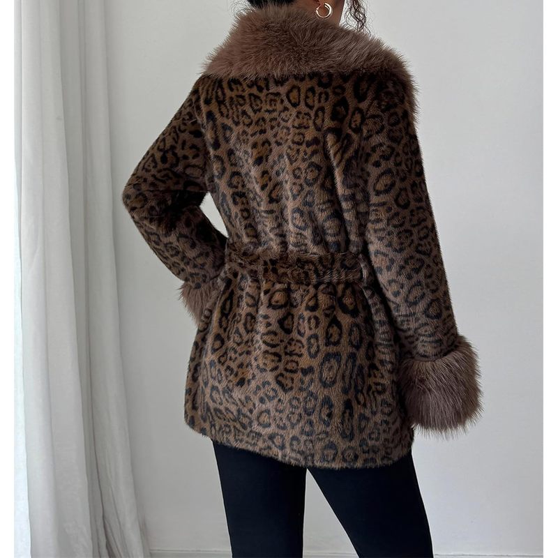 Women's Leopard Print Fluffy Faux Fur Coat Winter Shaggy