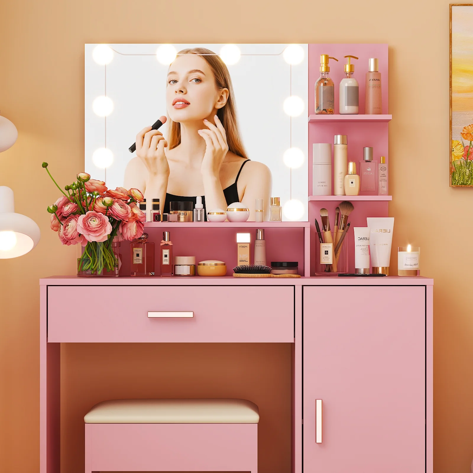 Ktaxon Vanity Set with 3 Color Lighted Mirror, Makeup Table with 3 Storage Shelves & Drawers, Dressing Table Makeup Desk with Stool,White