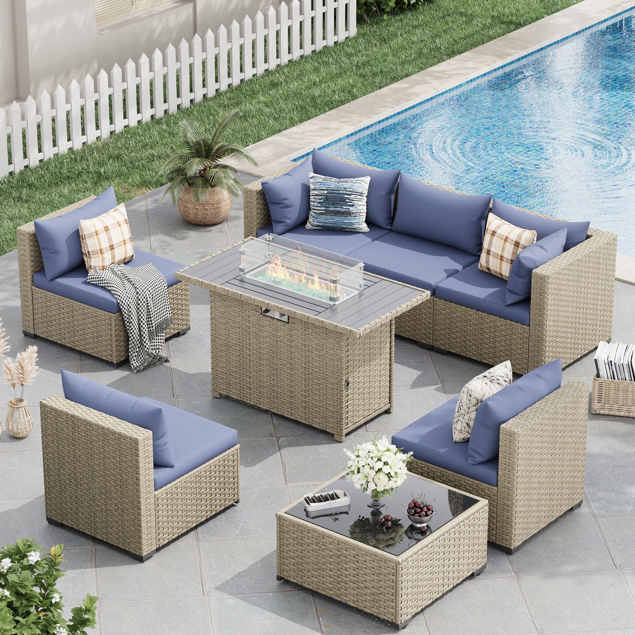 POTEBAN 7 Pieces Outdoor Patio Furniture Set, Grey Rattan Wicker Outdoor Conversation Sectional Sofa Set with Cushions for Backyard, Green