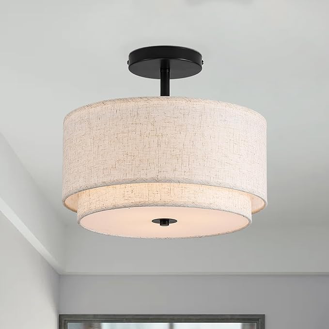 MELLOWWLITE 3-Light Modern Close to Ceiling Light with 2-Layer Linen Fabric Shade
