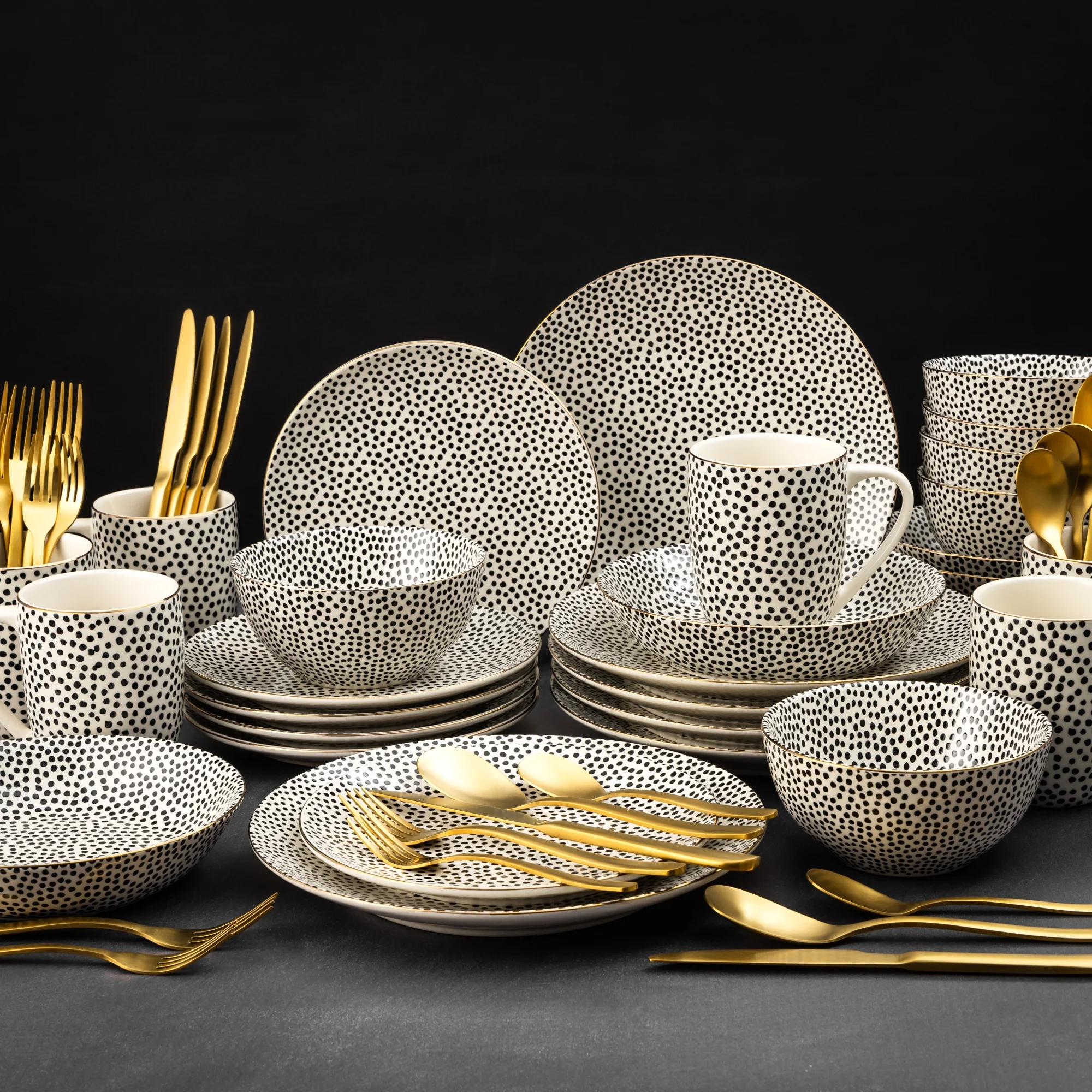 Thyme & Table 60-Piece Dot Dinnerware & Gold Flatware Set, Service for 6