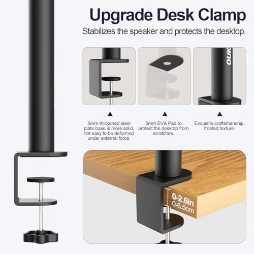 Clamp On Desktop Speaker Stand Holder Pair, Heavy Duty Audio Studio Monitor Stands Riser Tilt Height Adjustable, Universal Desk Mount Shelf Tray for Subwoofer Surround Sound Bookshelf Laptop