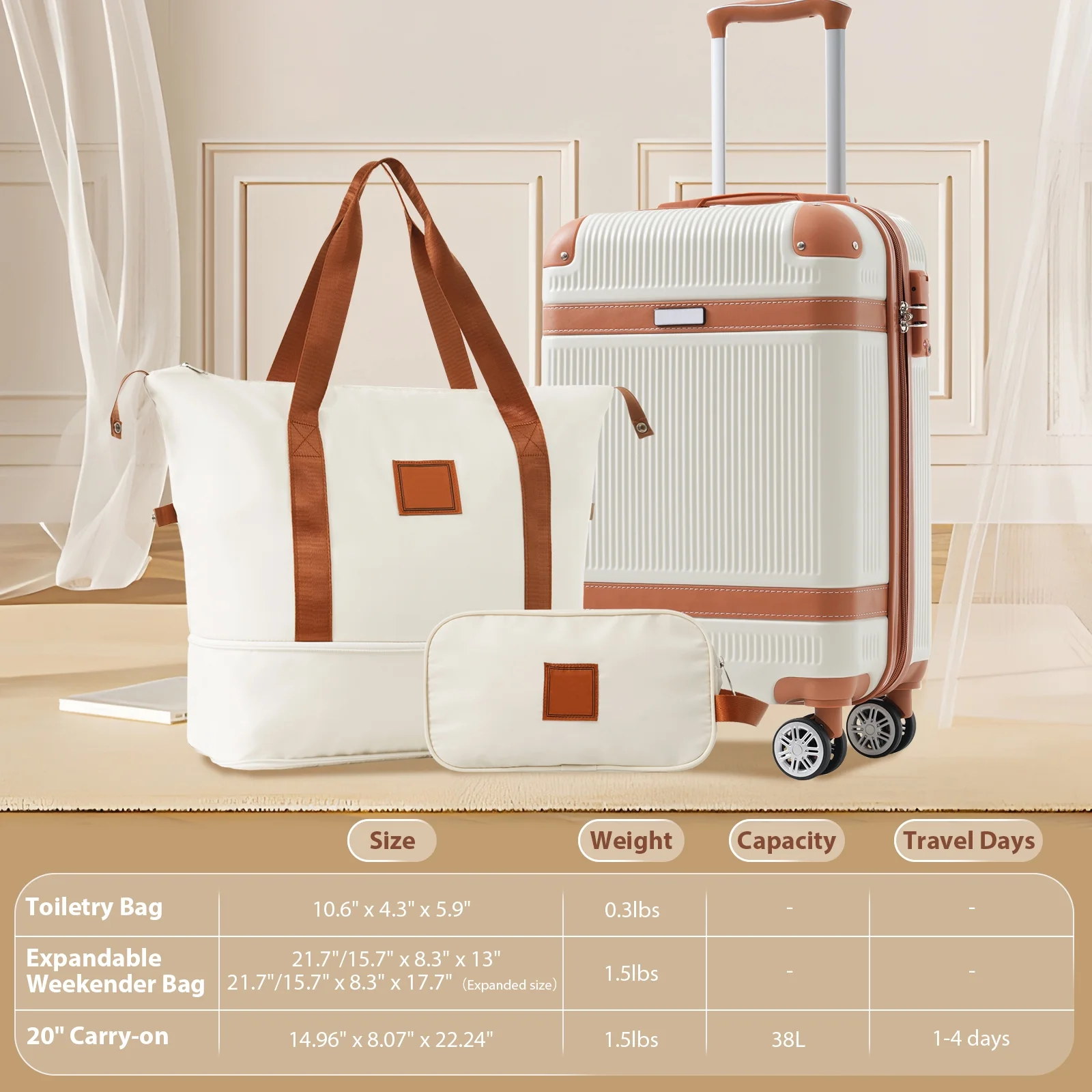 3 PCS set Expandable Suitcase Set Luggage Sets, 20 in Carry On Luggage with TSA Lock and Double Spinner Wheels