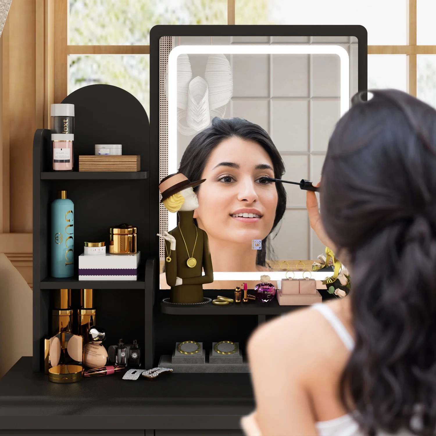 KULAGAGA Vanity Table Set with Light Mirror, Makeup Table with 3 Storage Shelves & 5 Drawers, Dressing Vanity Tables with , Dresser Desk for Girls, Women, White