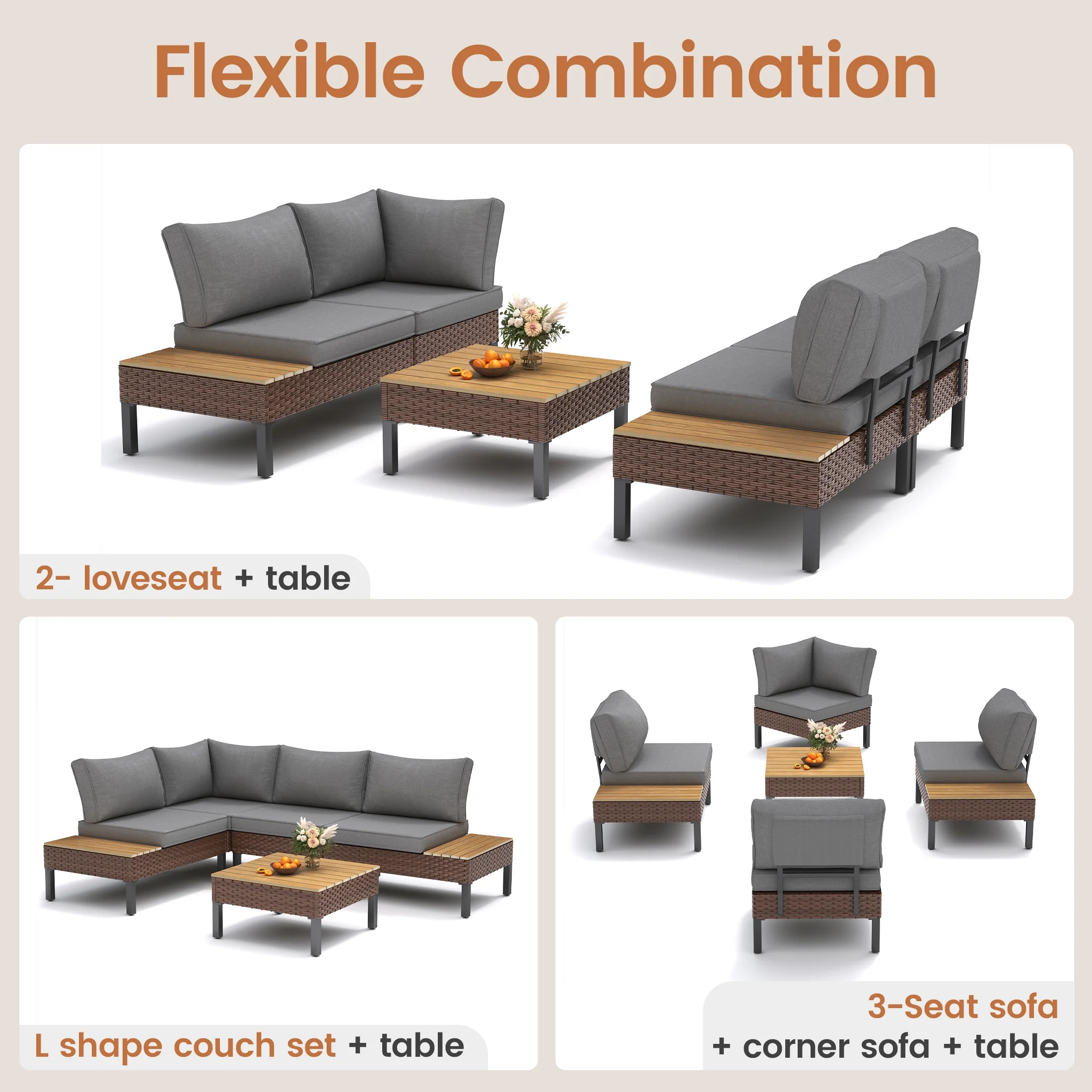 Poteban 5-piece Rattan Outdoor Patio Sofa Set,L-Shaped Sectional Sofa Couch with Coffee Table for Backyard,Lawn,Garden,Navy Blue