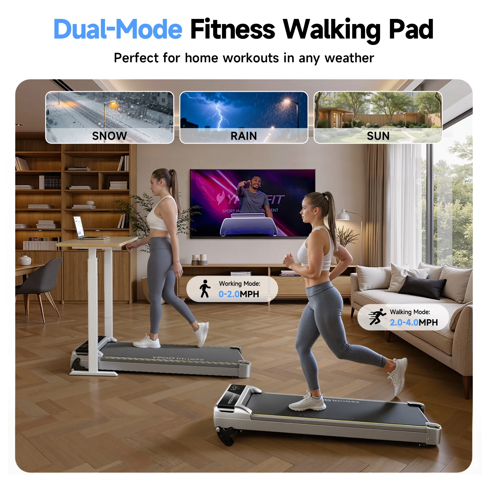 YPOO Walking Pad with Incline, Under Desk Treadmill for Home, 300 lb Capacity, App & Remote Control, 2.5HP Running Machine, No Installation, Silver