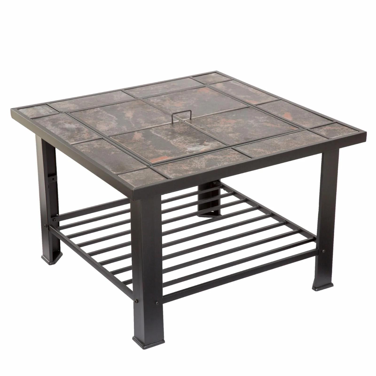Fire Pit Table �?30-Inch Square Wood Burning Bonfire Pit with Marble Tile Edge, Spark Screen, Tile Fire Bowl Cover, Log Poker by Pure Garden (Black)