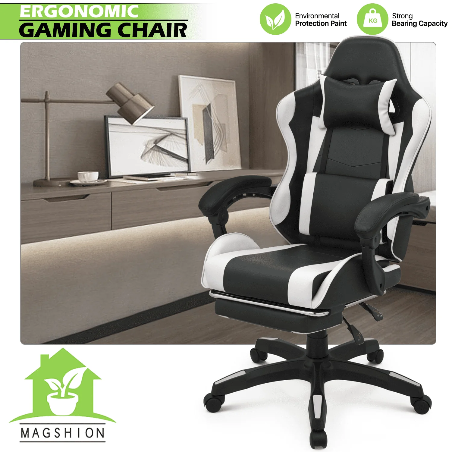 Magshion Rolling Gaming Chair, Adjustable Faux Leather Computer Seat with Lumbar Support for Adults Teens Desk Chair, White