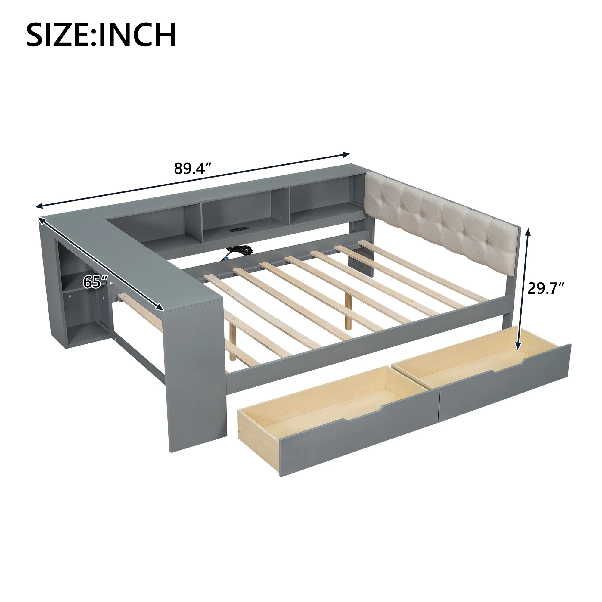Euroco Wood Twin Size Platform Bed with Desk and Shelves, Drawers and USB Charging for Kids, Cream