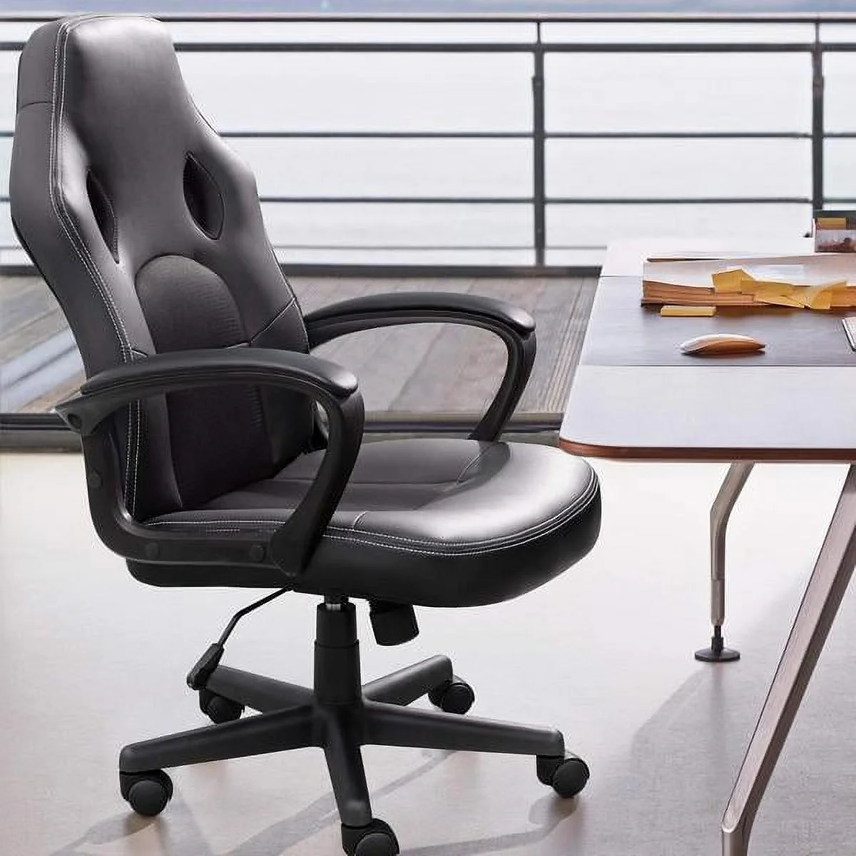 Vineego High Back Office Chair Faux Leather Gaming Racing Chair Ergonomic Adjustable Swivel Executive Chair, Black