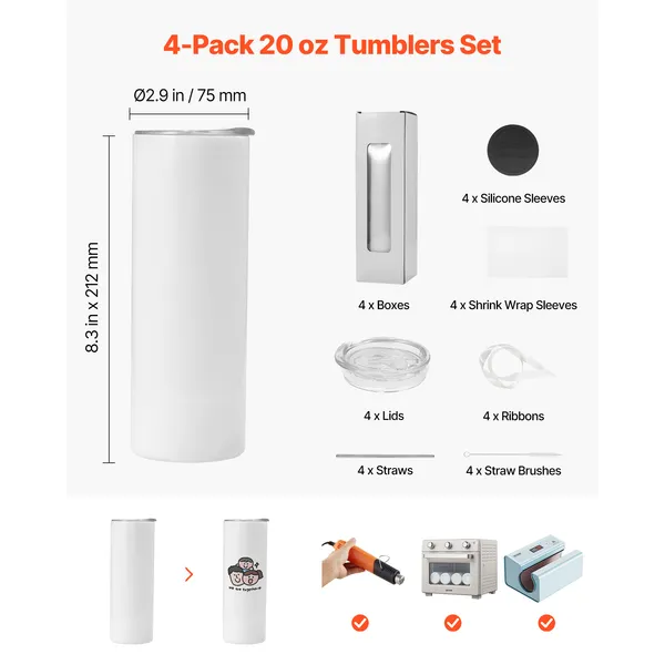 Sublimation Tumblers, 4 Pack, 20 oz Skinny Straight Tumblers Bulk, Stainless Steel Sublimation Cups with Lids and Straws, Double Wall Insulated Tumbler Blank, for DIY Personalized Customization