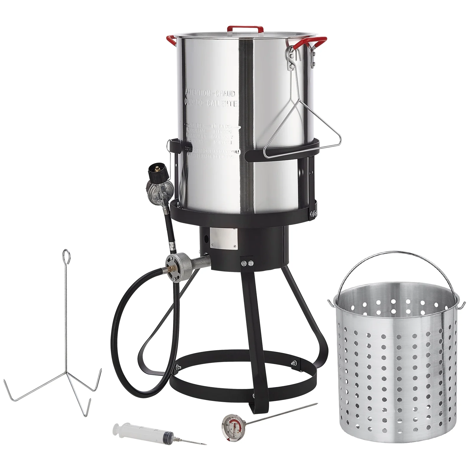 KFFKFF Deep Fryer for Turkey, Set of 30-qt Boiler Steamer Cooker, Outdoor Aluminum Pot for Seafood Frying, Propane Gas Boiler with 54,000 BTU Burner, Comes with Basket, Poultry Rack