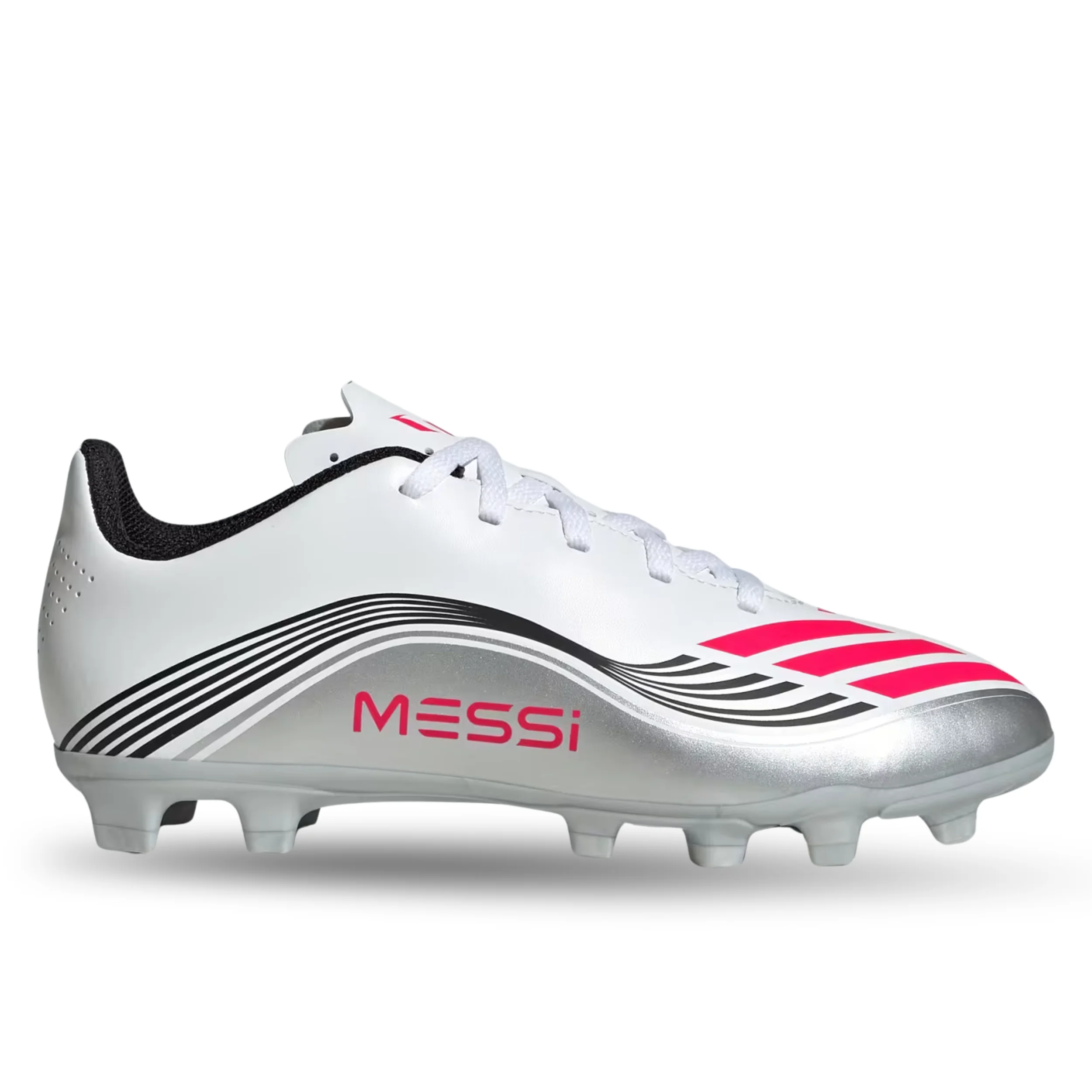 adidas Youth F50 Messi Club FG/MG Junior Soccer Cleats (White/Lucid Red/Silver Metallic)