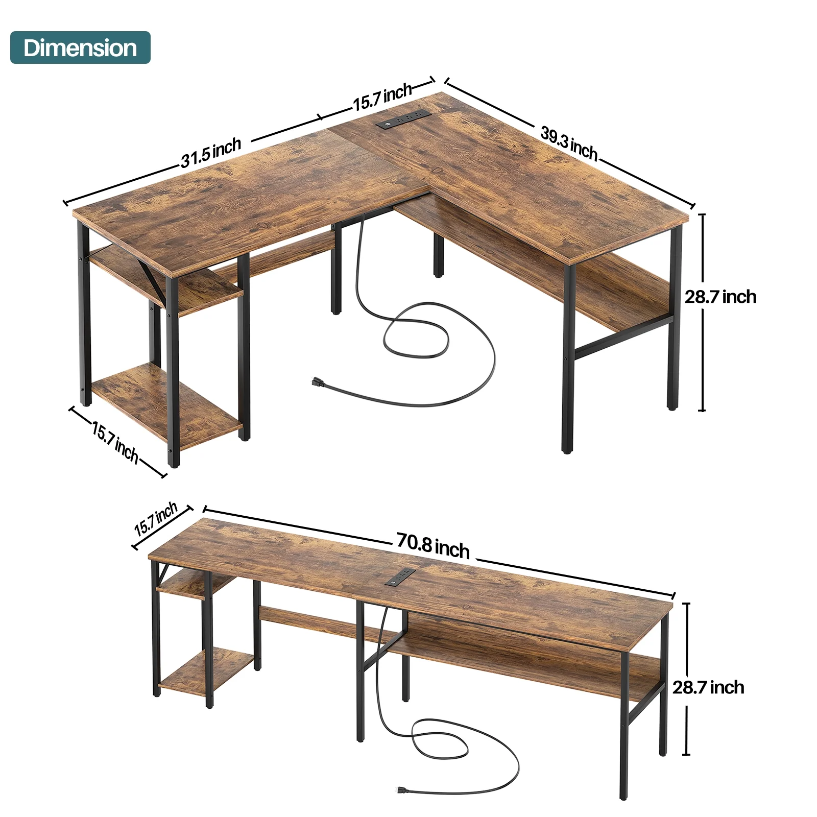Homieasy Reversible L Shaped Desk with Magic Power Outlets and USB Charging Ports, Sturdy Corner Computer Desk with Storage Shelves, Gaming Table Home Office Desk, Easy to Assemble, Black Oak