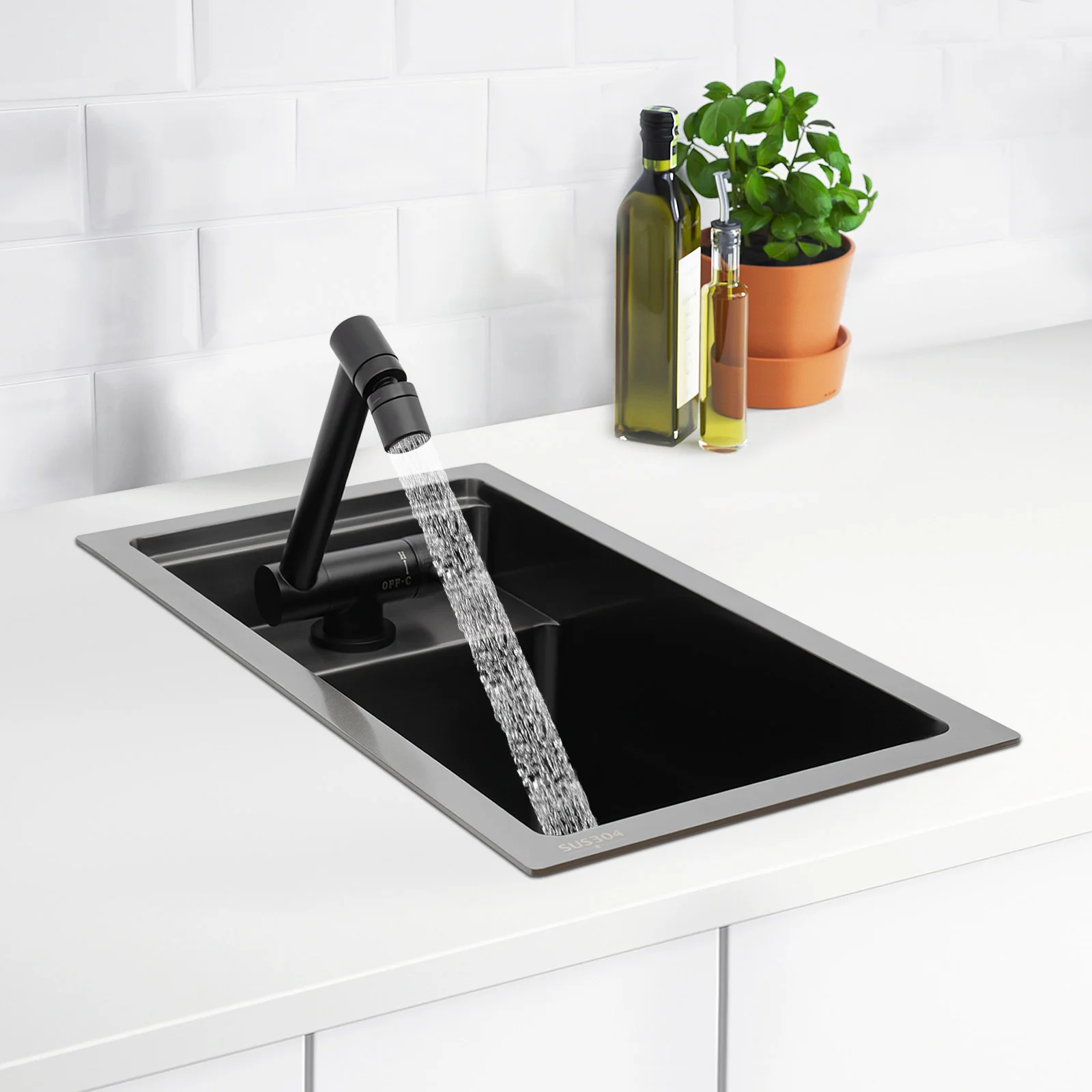 Modern Drop in Bar Sink, Single Bowl Kitchen Sink with Foldable Faucet, Black Nano 304 Stainless Steel Utility Sink for Compact Kitchen Commercial Hotel RV Laundry