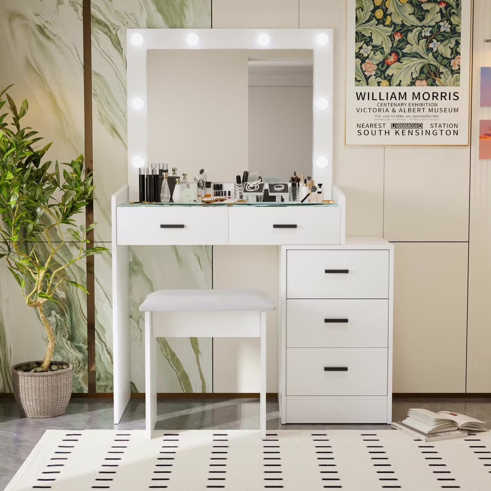 Kadyn Vanity Desk with Lighted Mirror, Vanity Table and Chair Set with 2 Drawers, Dressing Table Makeup Desk with 1 Door, Retro Gray