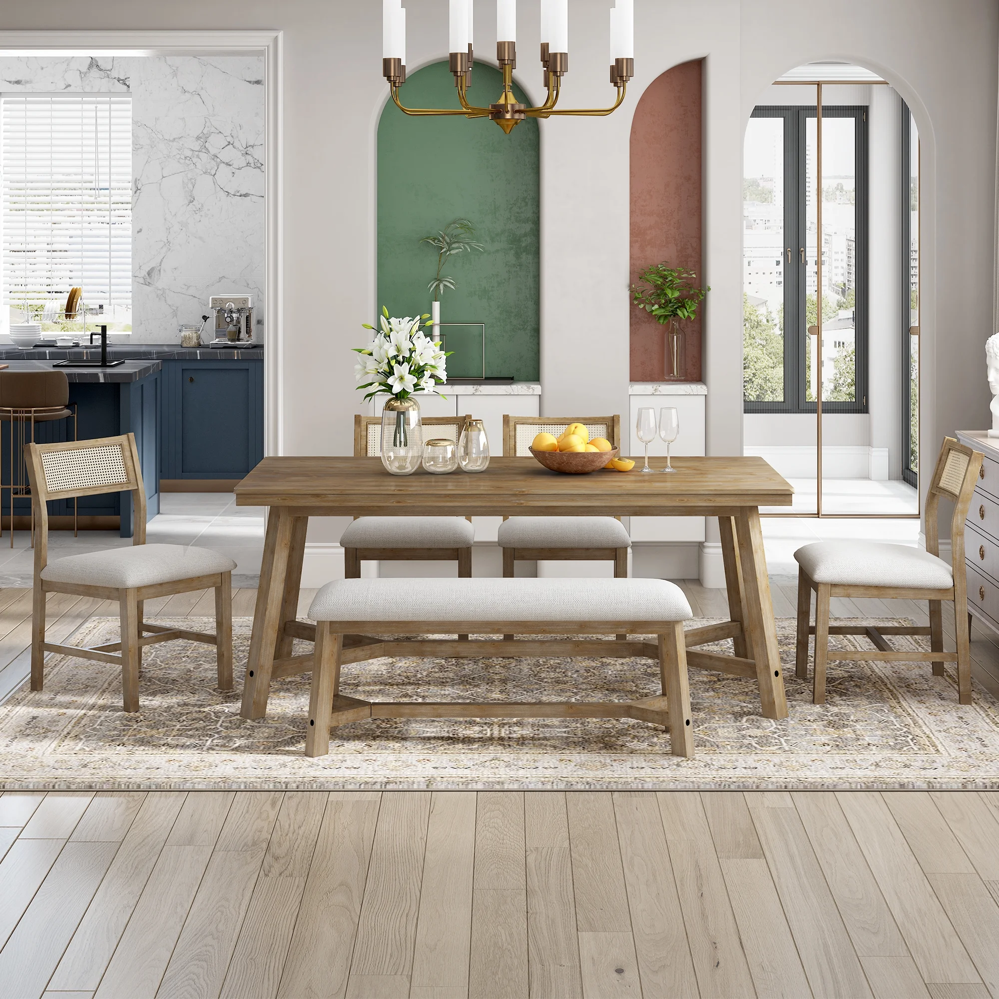 EUROCO 6-Piece Dining Table Set for 6, Retro Dining Set with 4 Upholstered Chairs and 1 Bench,Beautiful Wood Grain Pattern Tabletop for Dining Room and Kitchen,Natural