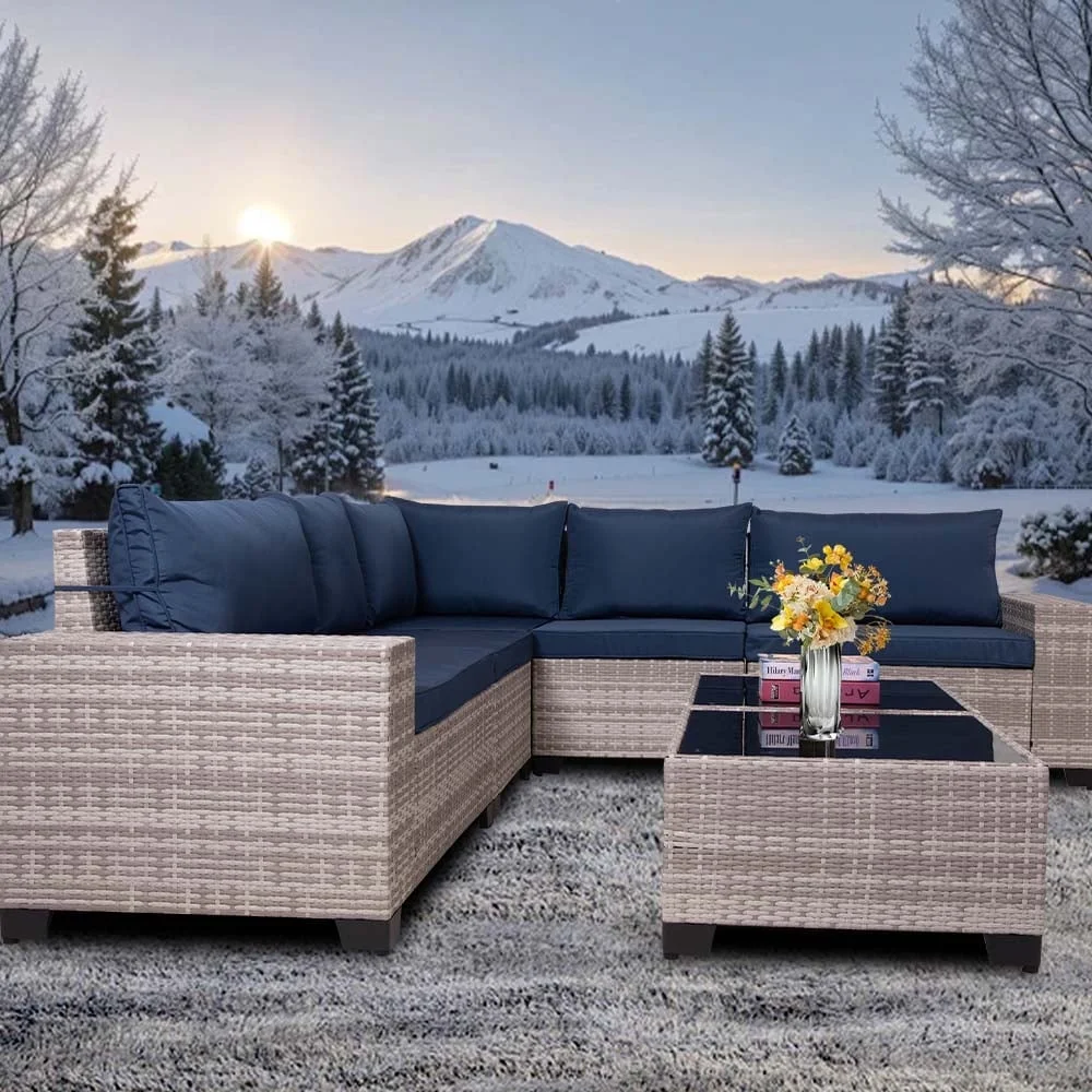 HISUKOY 7-Piece Modular Outdoor Sectional Wicker Patio Conversation Set,Outdoor Couch,All Weather Patio Conversation Sets with Washable Cushions and Glass Table, Rattan Wicker Couch for Garden