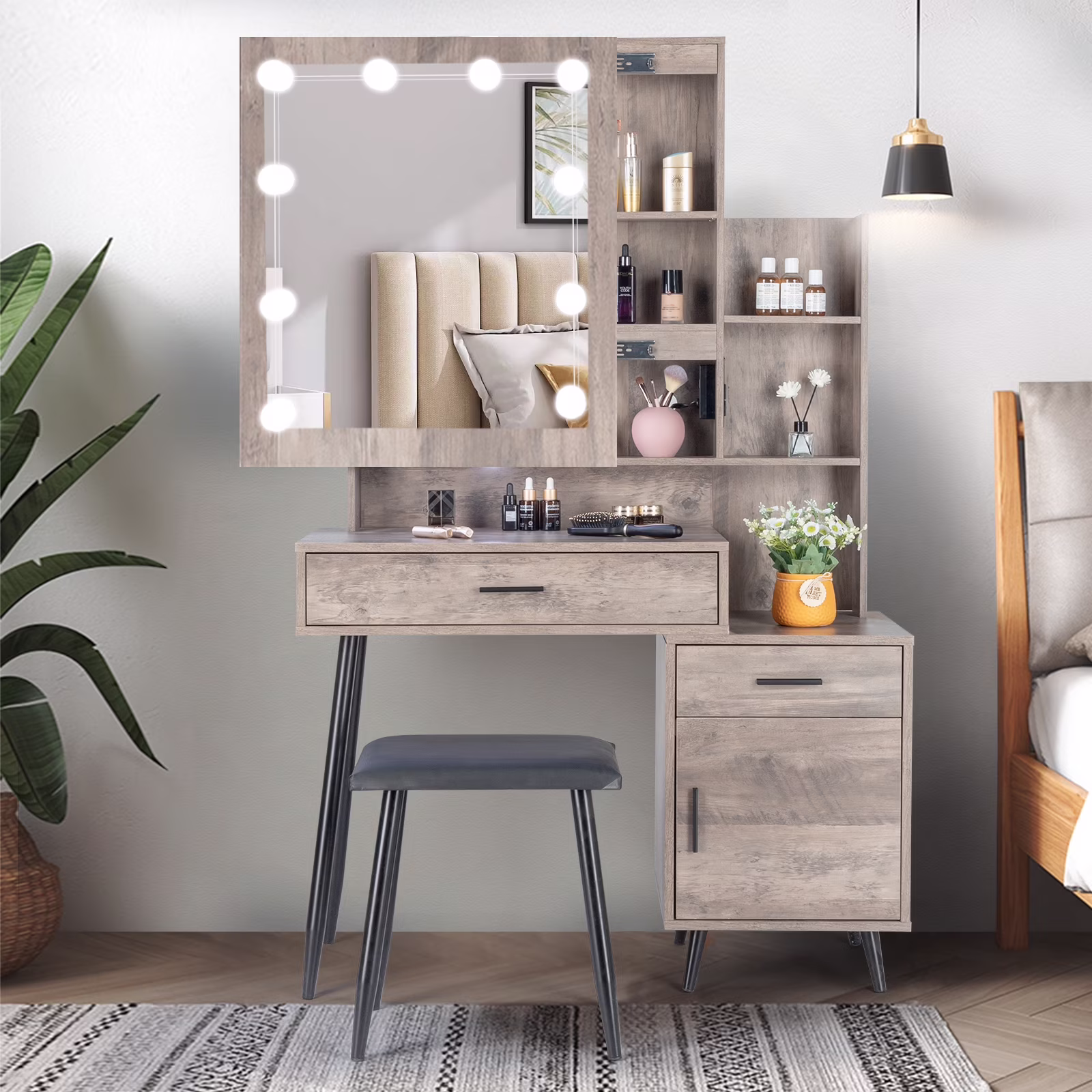 Ktaxon Vanity Set with 3 Color Lighted Mirror & Charging Station, Makeup Table with 3 Storage Shelves & Drawers, Dressing Table Makeup Desk with Stool,Retro Gray
