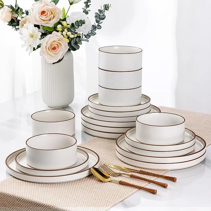 Vanilla White High-Rim Ceramic Dinnerware Set for 8 Shatterproof Oven Dishwasher Microwave Safe