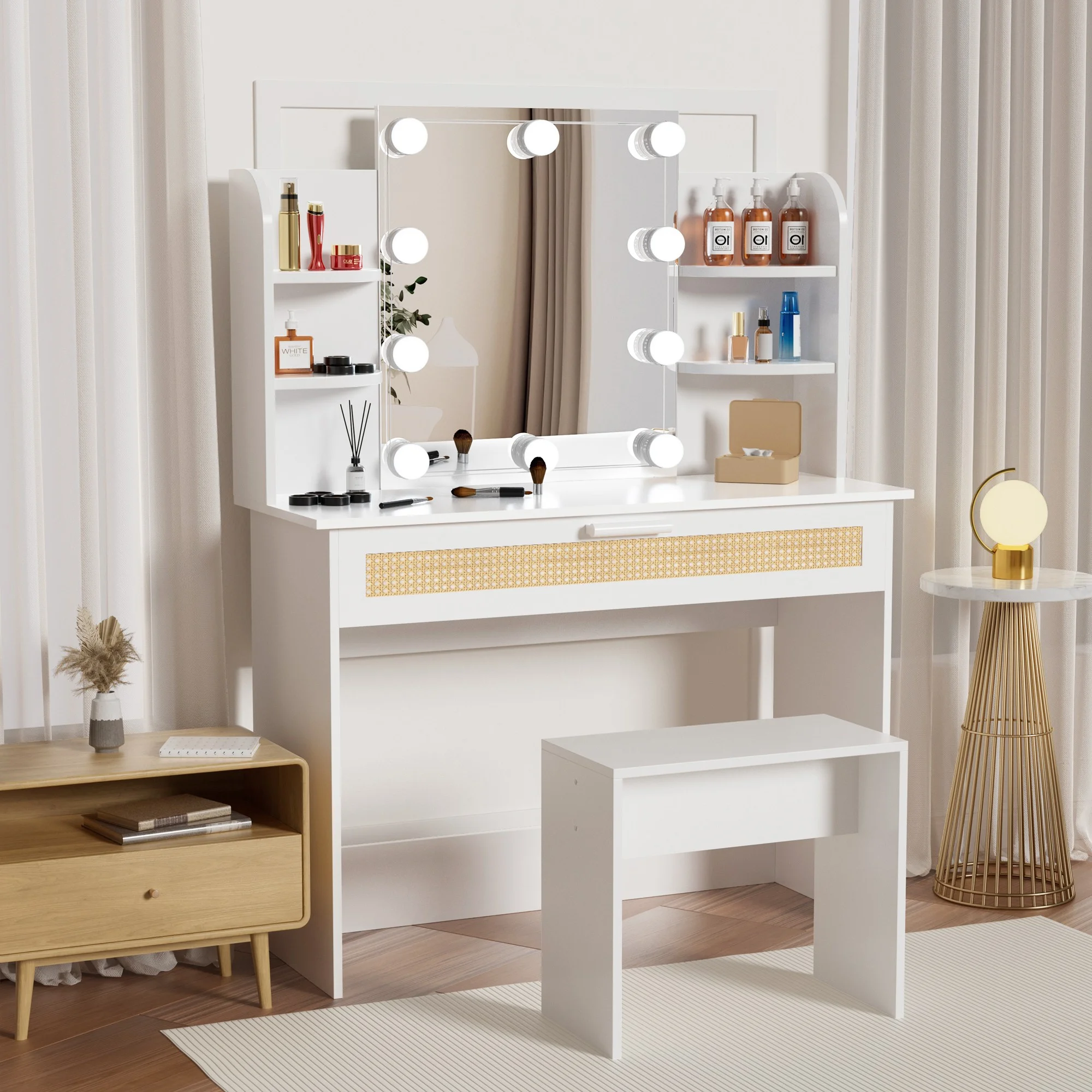 Resenkos Vanity Desk Set with Mirror and Lights for Makeup, 5 Drawers Storage Dresser for Bedroom, White