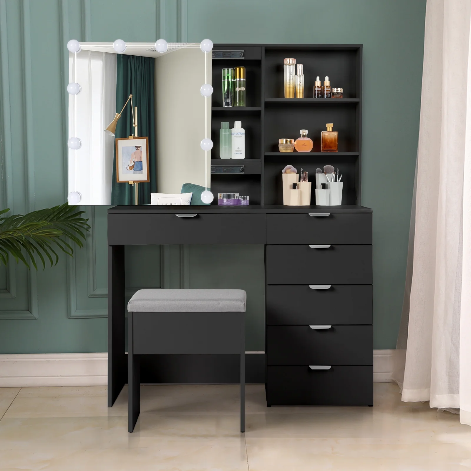 Ktaxon Vanity Set with 3 Color Lighted Mirror, Makeup Table with 6 Drawers, Dressing Table Makeup Desk with Stool,White