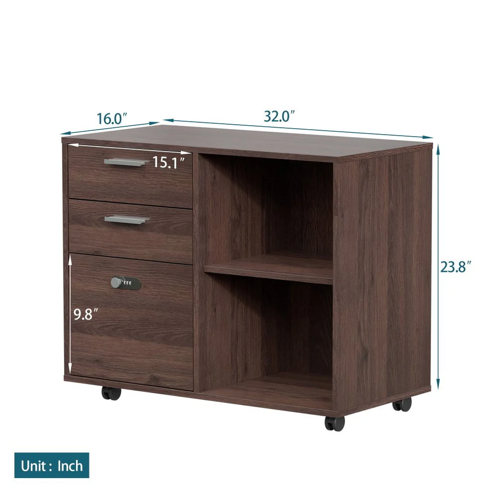 Hassch Mobile Lateral Filing Cabinet Office Wood File Cabinet with Coded Lock Printer Stand with Storage Open Shelves, Brown Oak