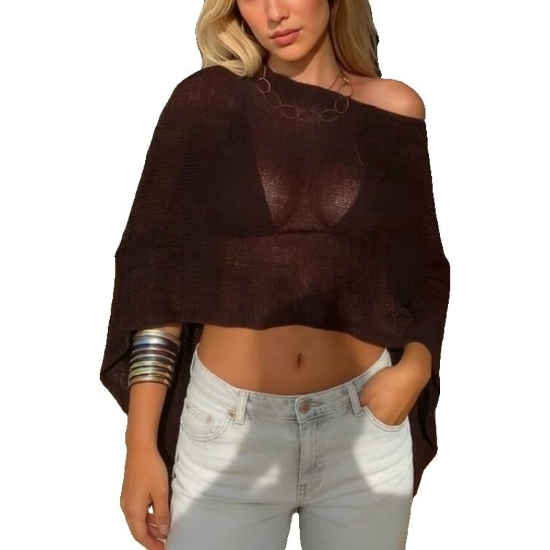 Women Sheer Poncho Top Lightweight Knit Crochet Shrug