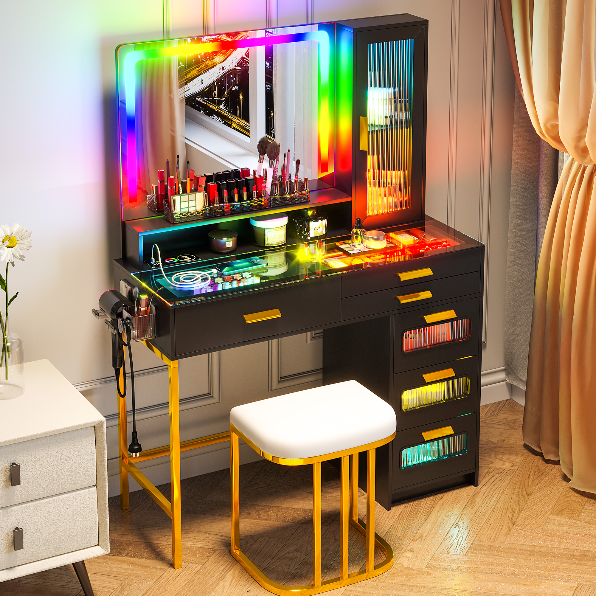 HNEBC Vanity Desk with Mirror and RGB Lights, Glass Top Makeup Vanity with Auto Sensor Lights and Wireless Charging, Vanity Table Set with Cushion Stool, Dressing Table with 6 Drawers (White)